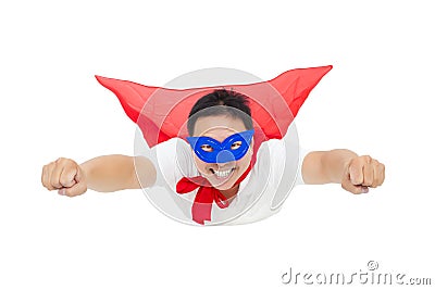 Smiling superman flying with red cape. isolated on white background Stock Photo