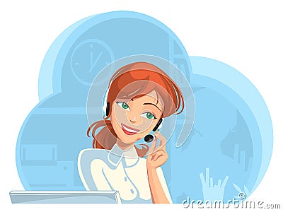 Smiling support phone female operator in headset at office. Vector Illustration