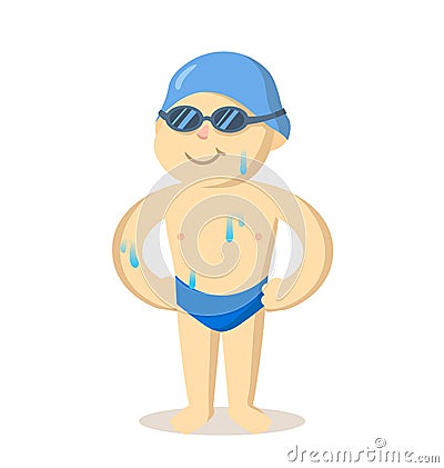 Smiling swimmer in a bathing suit, swimming cap, and goggles. Flat vector illustration, isolated on white background. Vector Illustration