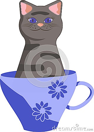 Smiling tabby gray cat with blue eyes in tea cup Vector Illustration