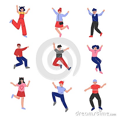 Smiling Teen Boys and Girls Happily Jumping Collection, Emotional School Children Having Fun Vector Illustration Vector Illustration