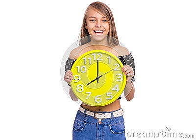 Teen Girl holding big clock Stock Photo