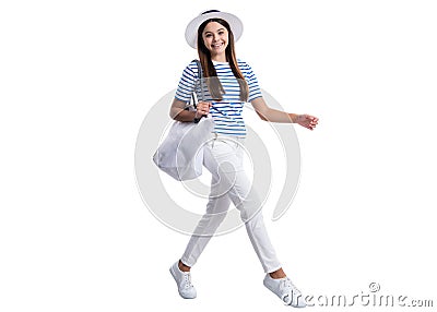 smiling teen girl in marine style at studio. teen girl in marine style on background. Stock Photo