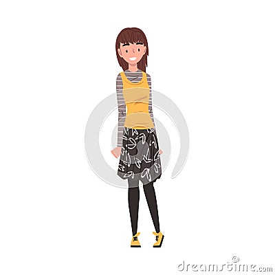 Smiling Teenage Girl, Happy Schoolgirl, Classmate or Friend Character Wearing Fashionable Clothes Cartoon Style Vector Vector Illustration