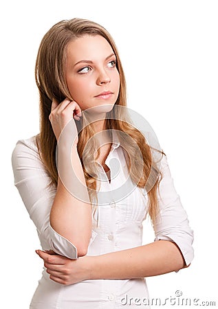 Smiling thinking woman looking on copyspace Stock Photo