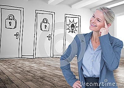 Smiling thoughtful businesswoman against drawn doors Stock Photo