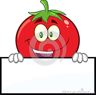 Smiling Tomato Cartoon Mascot Character Over A Blank Sign Vector Illustration