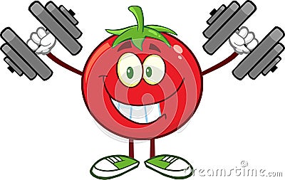 Smiling Tomato Cartoon Mascot Character Training With Dumbbells Vector Illustration