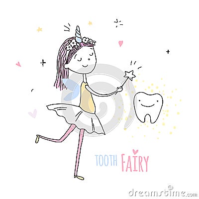 Smiling tooth fairy. Cute little happy fairy girl with tooth. Hand drawn vector cartoon doodle illustration Vector Illustration