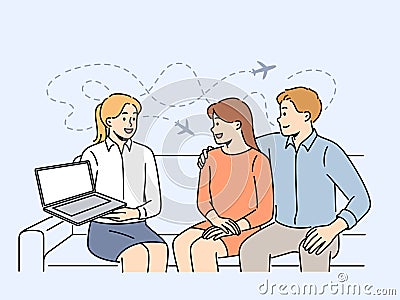 Tour operator showing offer on laptop to clients Vector Illustration