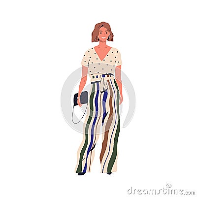 Smiling trendy person demonstrate modern vogue vector flat illustration. Stylish young woman standing in colorful Vector Illustration