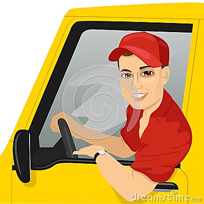 Smiling truck driver in the car Vector Illustration