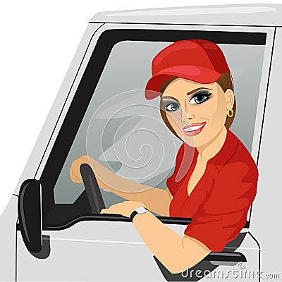 Smiling truck female driver in the car Vector Illustration