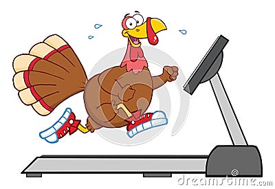 Smiling Turkey Cartoon Character Running On A Treadmill Vector Illustration