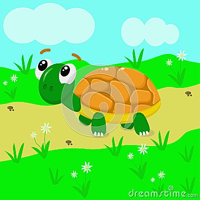 Funny green turtle in the meadow - vector illustration, eps Vector Illustration