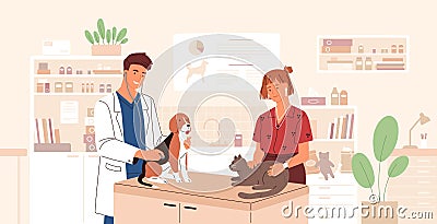 Smiling veterinarian examining dog and cat. Vet doctor curing cute pets. Veterinary clinic, healthcare service or Vector Illustration