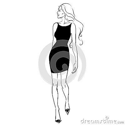 Smiling walking girl in a little black dress sketch graphic Cartoon Illustration
