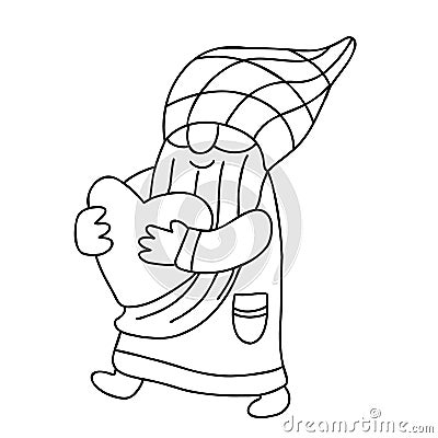 Smiling walking gnome with a heart doodle hand drawn vector illustration Vector Illustration