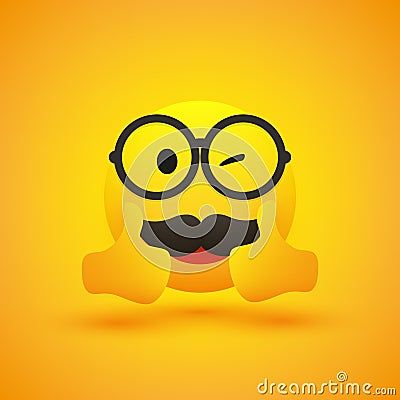 Smiling, Whinking Happy Cheerful Positive Male Nerd Emoji with Mustache Wearing Round Glasses Showing Double Thumbs Up, OK Sign Vector Illustration