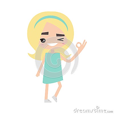 Smiling winking blonde girl says `ok` Cartoon Illustration