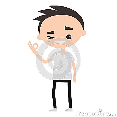 Smiling winking boy says `ok` Vector Illustration