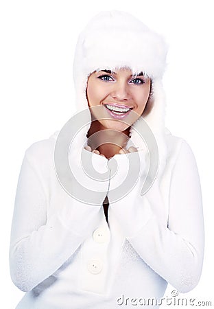 Smiling Winter Woman. blue eyes Stock Photo