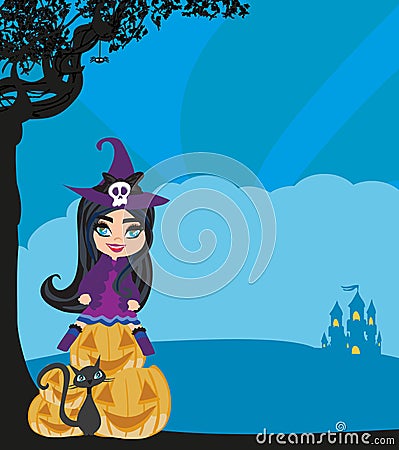 Smiling witch sits on a pumpkin Vector Illustration