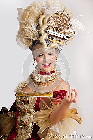 Smiling woman in 18th century style red dress Stock Photo