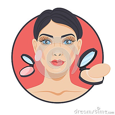 Smiling woman applying powder on her face. Face makeup Vector Illustration