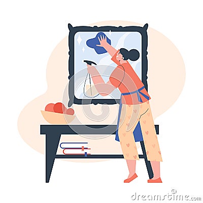 Smiling woman in apron washes mirror flat style, vector illustration Vector Illustration