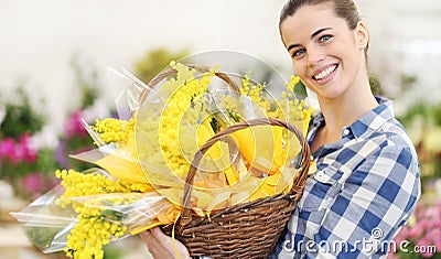 Smiling woman with basket of mimosa spring flowers, 8 March Women`s Day concept Stock Photo