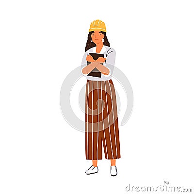 Smiling woman building engineer or architect designer vector flat illustration. Happy female in hard hat holding tablet Vector Illustration