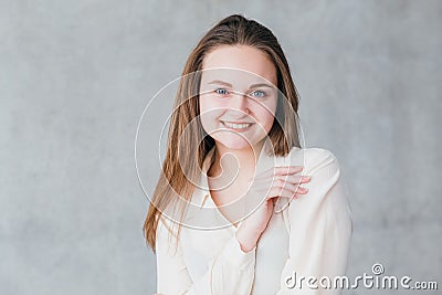 Smiling woman business career start copy space Stock Photo