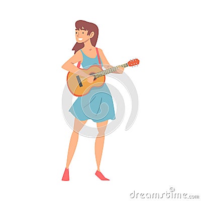 Smiling Woman Character Musician Performing Music Playing Guitar Vector Illustration Vector Illustration