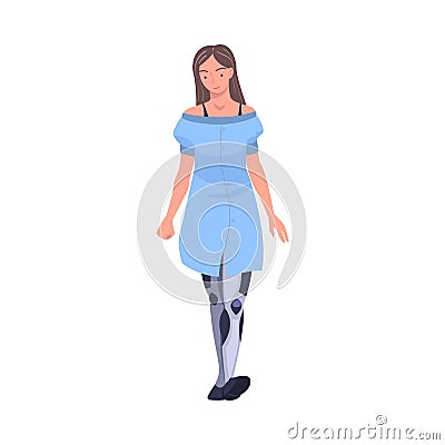 Smiling Woman Character Walking with Robotic Leg as Body Part or Limb Prosthesis Restoring Normal Functioning Vector Vector Illustration