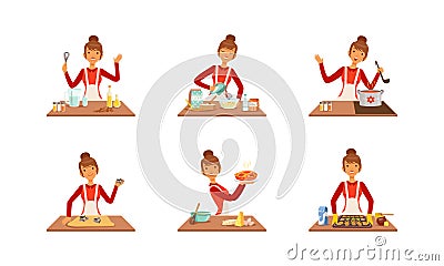 Smiling Woman Cooking at Kitchen Table Set, Cheerful Girl Preparing Food and Baking Cartoon Vector Illustration Vector Illustration