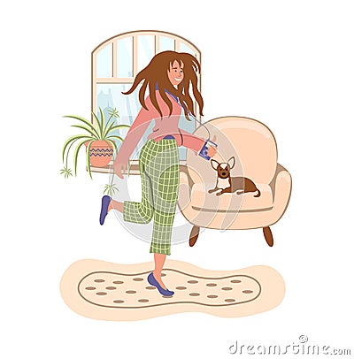 Smiling woman dancing and listening to music at home on the window background. Stay home and virus quarantine concept. Happy Vector Illustration