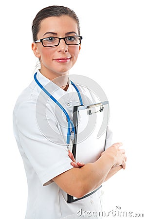 Smiling woman doctor with clipboard Stock Photo