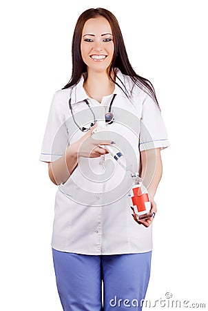 Smiling woman doctor with a syringe and vaccine bank in hands. Editorial Stock Photo