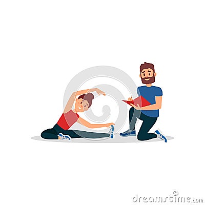 Woman doing exercise sitting on floor. Coach writing notes in folder. Young girl warming-up before training. Flat vector Vector Illustration