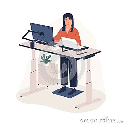 Smiling woman employee working at ergonomic workstation vector flat illustration. Contemporary office furnituring with Vector Illustration