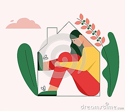 Smiling woman fills at home line silhouette, house frame Vector Illustration