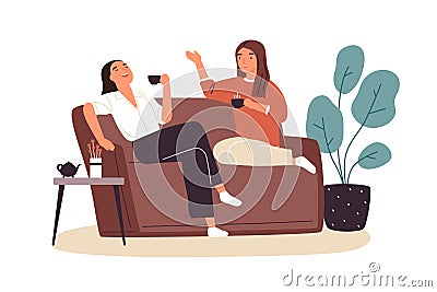 Smiling woman friends drinking tea at home vector flat illustration. Happy female laughing and gossiping sit on Vector Illustration