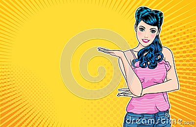 Smiling woman gesture presenting something with dot background pop art comics Vector Illustration