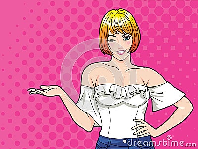 Smiling woman gesture presenting something with dot background pop art comics style Vector Illustration