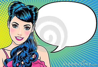 Smiling woman gesture talking presenting something with dot background pop art Vector Illustration