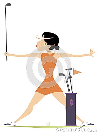 Smiling woman with golf clubs on the golf course illustration Vector Illustration