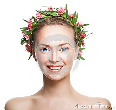 Smiling Woman with Healthy Skin and Flowers on White Ba Stock Photo