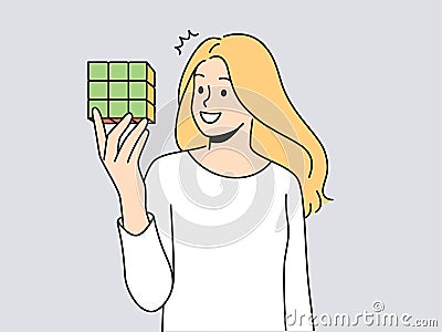 Smiling woman hold rubik cube Vector Illustration