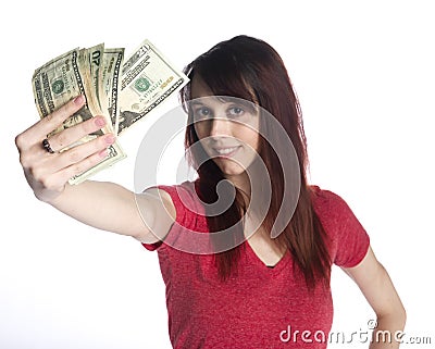 Smiling Woman Holding a Fan of 20 US Dollar Bills Stock Photo